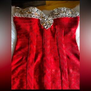 Herve Leger Crystal-Embellished Red Strapless Bandage Holiday Dress